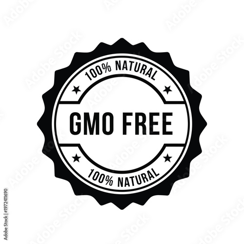 A circular black and white badge proclaims gmo free and 100 natural with star embellishments high quality professional detailed