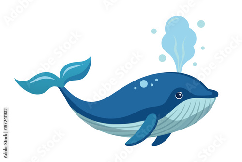 Cartoon blue whale spouting water in white background