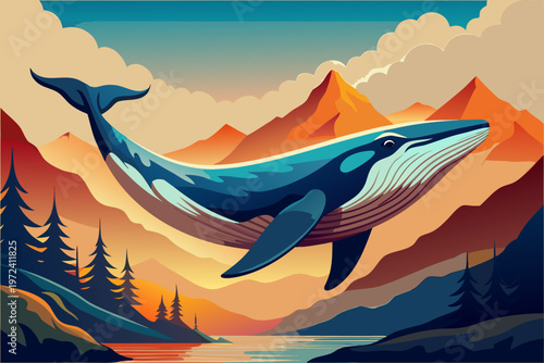 Blue whale leaping above mountain lake and pine forest