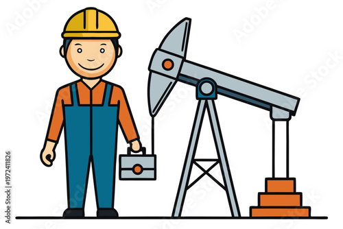 Construction worker standing beside oil pump jack rig