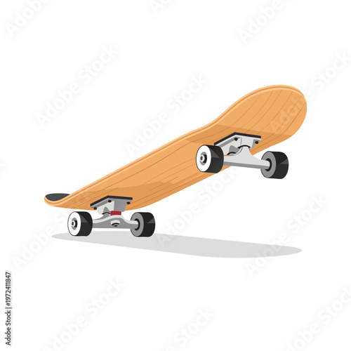 Wooden skateboard deck tilted above white studio surface