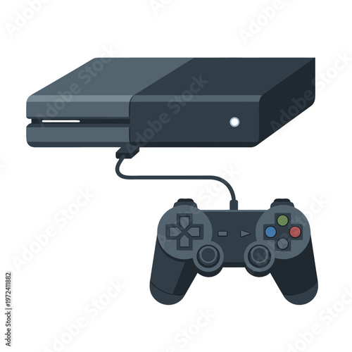 Gaming console with wired controller on white background