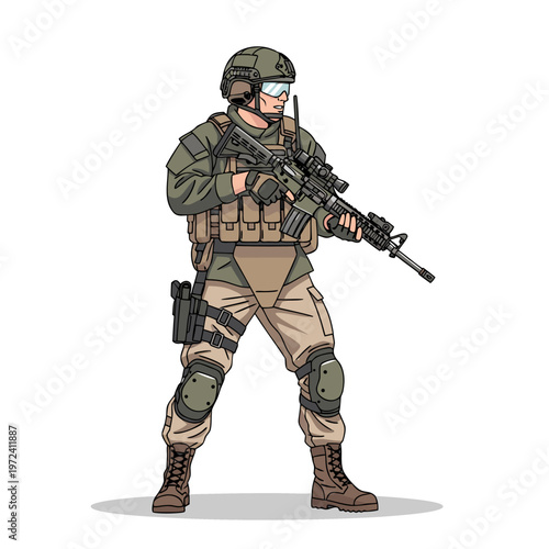 Soldier holding rifle in tactical gear standing on white background