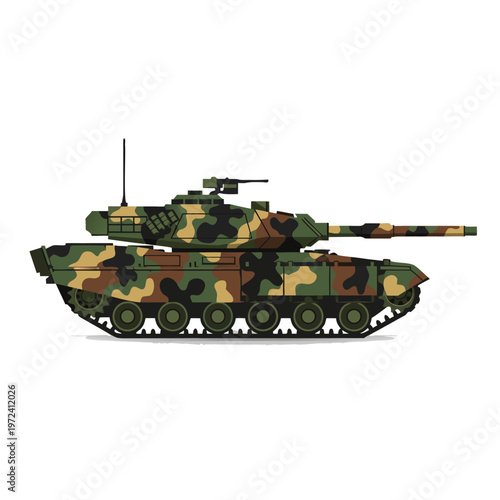 Camouflaged military tank positioned on white background