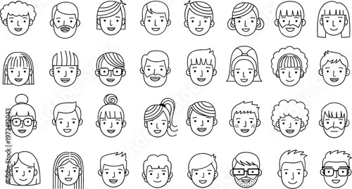 Diverse people avatars collection with different hairstyles faces and expressions minimal line art character set for social profiles vector illustration