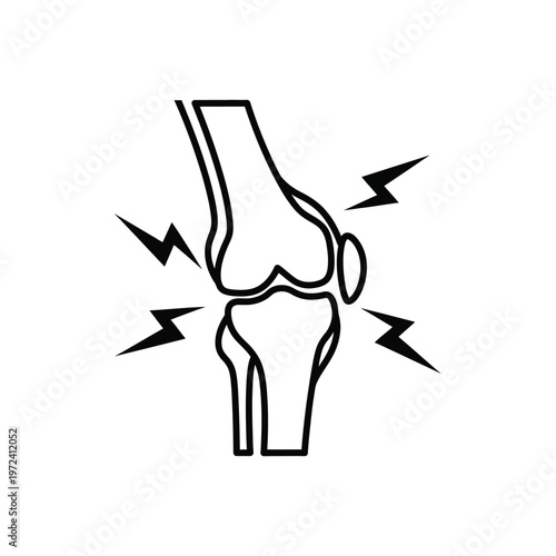 A simple black and white line drawing depicts a human knee joint experiencing pain indicated by lightning bolts