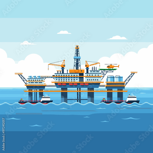 Offshore oil rig drilling and operating in open sea