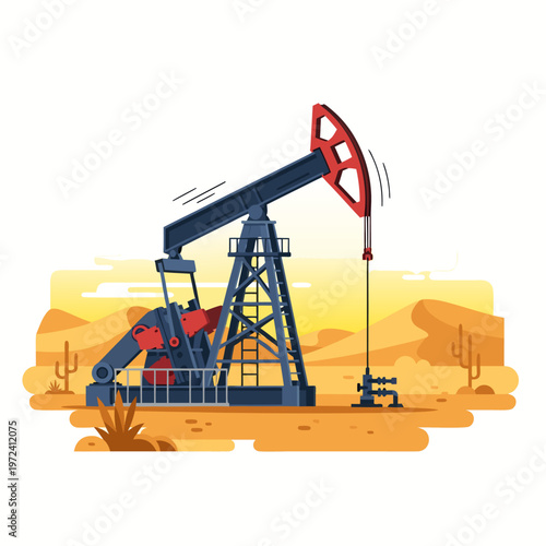 Oil pumpjack extracting crude in desert landscape