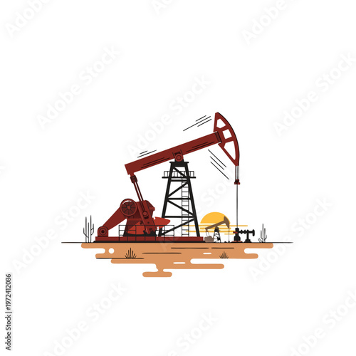 Oil pump jack operating on desert field with sunset