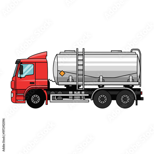 Red tanker truck with ladder on highway side view