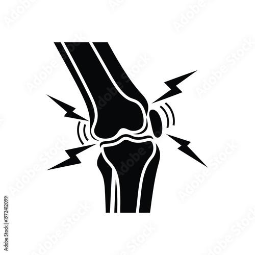 A simple black and white illustration depicts a human knee joint experiencing intense pain and discomfort high quality professional