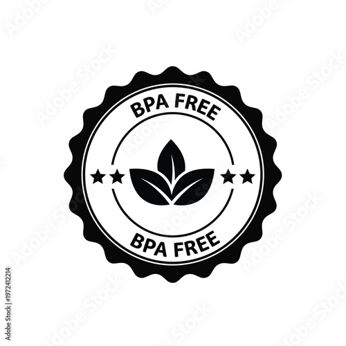 A black and white circular badge proclaims bpa free with a leaf and stars illustration high quality