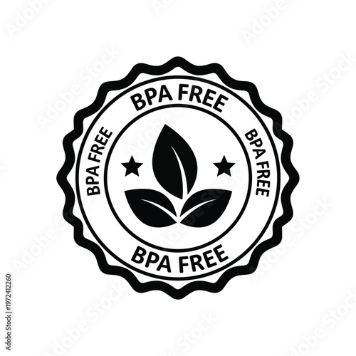 A circular black and white badge declares bpa free with leaf imagery and surrounding decorative text
