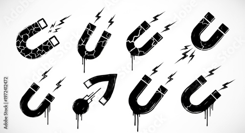 Urban Graffiti Magnet and Attraction Symbol Vector Illustration Sheet in Black Ink Grunge Punk Street Art Style