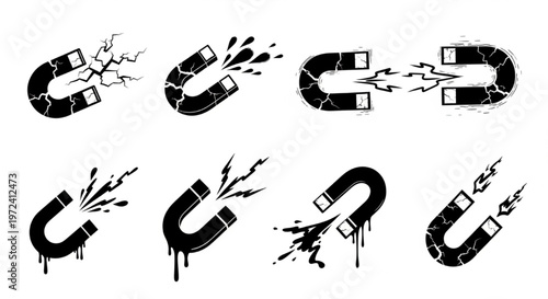 Urban Graffiti Magnet and Attraction Symbol Vector Illustration Sheet in Black Ink Grunge Punk Street Art Style