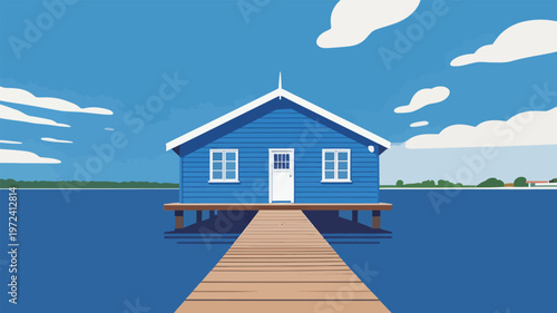 Bright blue house on water with wooden dock leading to it under a clear sky with clouds