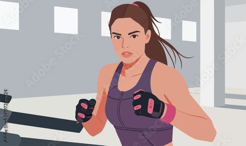 Woman runs on treadmill in fitness center during morning workout session