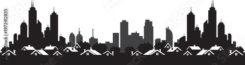 City Skyline Silhouette over Suburban House Roofs Seamless Horizontal Banner and Border Design on White Background