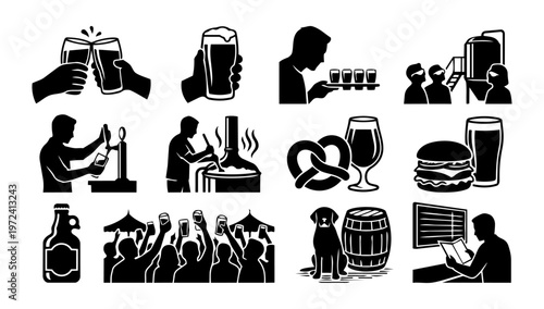 Beer Culture Silhouette Icon Set – Drinking, Brewery, Tasting, Bar and Craft Beer Lifestyle Scenes