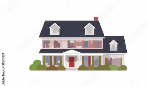 Classic Suburban Two Story House Vector Illustration with Red Shutters and Dark Roof