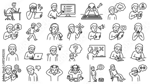 Set of black and white cartoon illustrations depicting various life situations