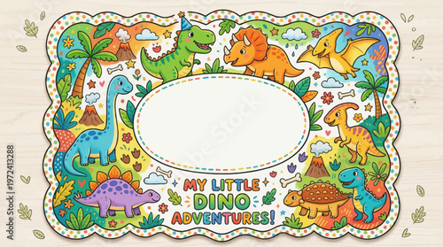 Kids play with cute cartoon dinosaurs in a fun educational frame