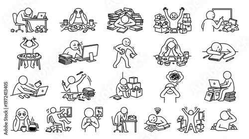 Stressed people in various situations overwhelmed anxious and facing challenges