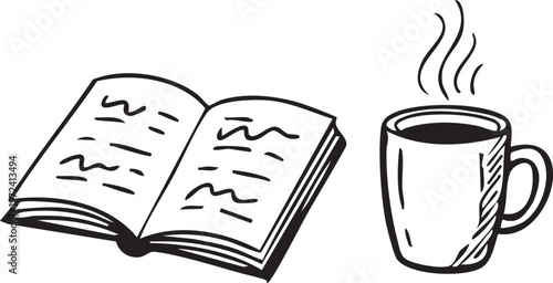 Cozy reading time doodle vector illustration with open book and hot coffee cup for relaxation and education