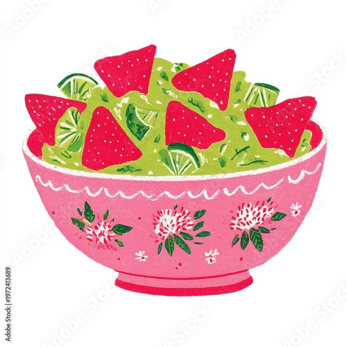 Flavorful Fiesta: A vibrant bowl overflows with a colorful concoction of creamy guacamole, topped with ripe strawberry slices, and fresh lime. A visual celebration of fresh flavors and joyful sharing.