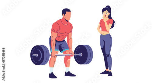 Man lifting heavy barbell weight during workout while woman watches him in gym