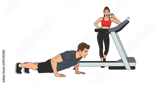 Fitness illustration of a man doing push-ups and a woman walking on a treadmill, depicting individual exercise and healthy lifestyle.
