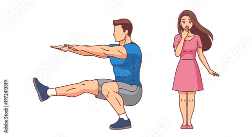 Strong man doing a difficult single leg squat workout, demonstrating impressive balance and power, as a woman reacts with surprise and admiration.