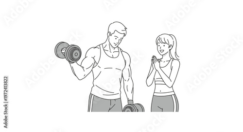 Line art illustration of a strong man lifting dumbbells while a supportive woman claps, depicting fitness, workout, and couple goals.