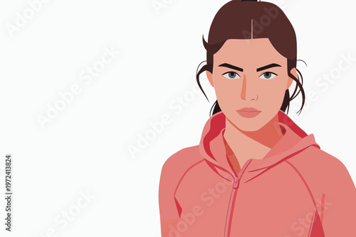 Girl in a pink hoodie looking directly at the viewer with a neutral expression