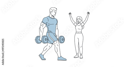 Dynamic illustration of a man performing dumbbell lunges while a woman celebrates, symbolizing fitness goals, strength, and successful workout routines.