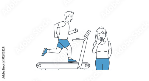 Man running on treadmill while woman eats unhealthy food, symbolizing lifestyle choices and health contrast
