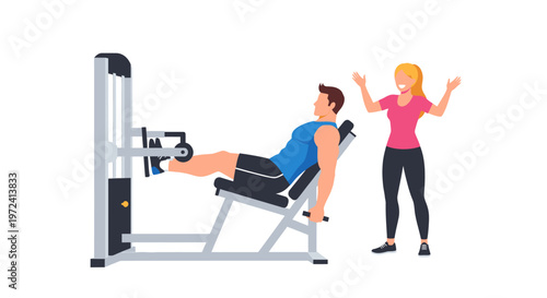Man using leg press machine with female trainer encouraging him in a gym, fitness workout