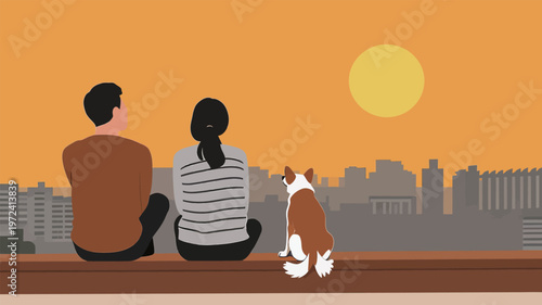 Couple and their dog enjoy the sunset view over the city skyline together in the evening
