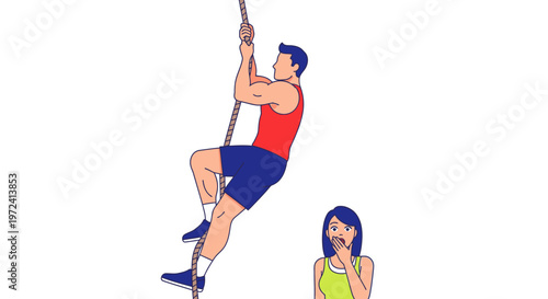 Muscular man demonstrating strength by climbing a rope, observed by a surprised woman. Concept of physical fitness, challenge, and achievement.