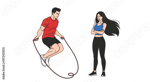 Man jumping rope while woman watches, illustrating fitness and healthy lifestyle concepts