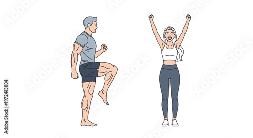 Vector illustration of a man doing high knee exercise and a woman stretching, depicting fitness, healthy lifestyle, and workout activity.