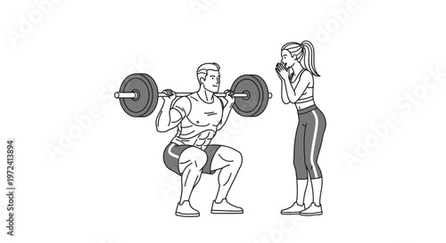 Man performing barbell squats with a woman spotting him, illustrating fitness, strength training, and healthy lifestyle