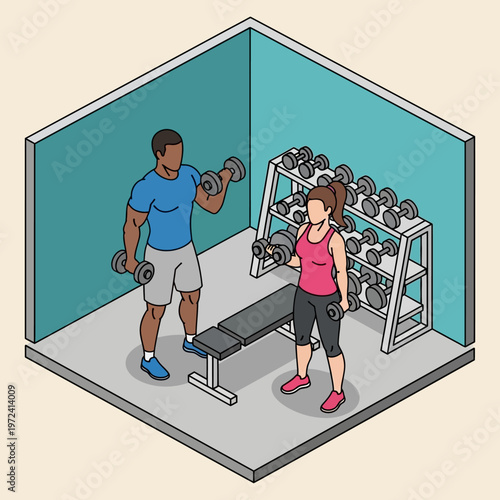 Man and woman working out with dumbbells.