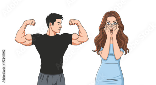 Muscular man flexing biceps looking at surprised woman covering mouth, isolated on white background