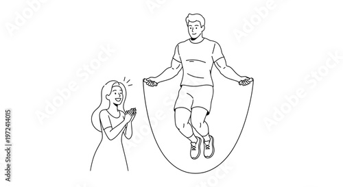 Happy man exercising with jump rope while smiling woman claps, representing fitness goals, workout routine, and mutual encouragement for a healthy lifestyle.