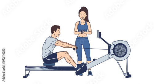 Man rowing machine workout with female trainer watching and guiding him in a gym setting
