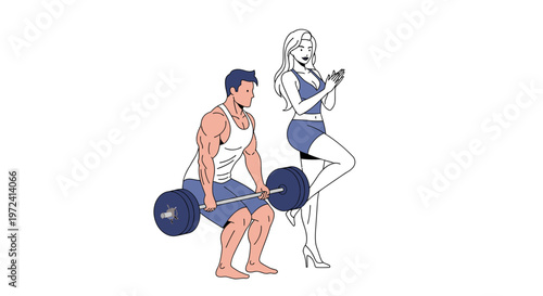 Muscular man lifting heavy barbell in gym while woman watches and applauds, fitness couple working out together
