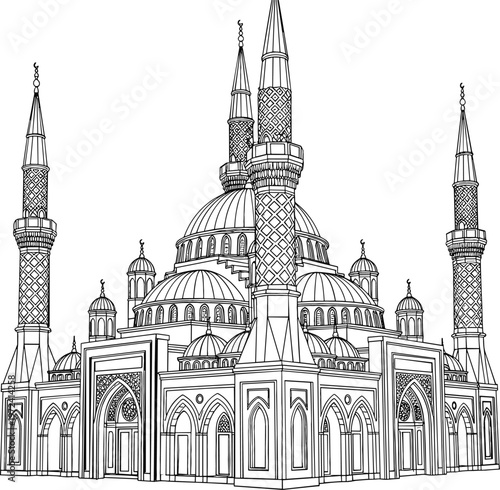 Detailed mosque architecture illustration in intricate line art style featuring domes, minarets, and Islamic design elements for cultural and religious vector artwork