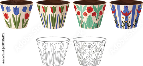 Decorative plant pot collection featuring floral patterns, colorful designs, and line art variations in modern botanical vector illustration style