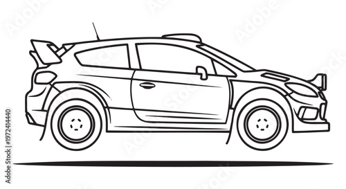 Line art drawing of a rally racing car side view with automotive industry